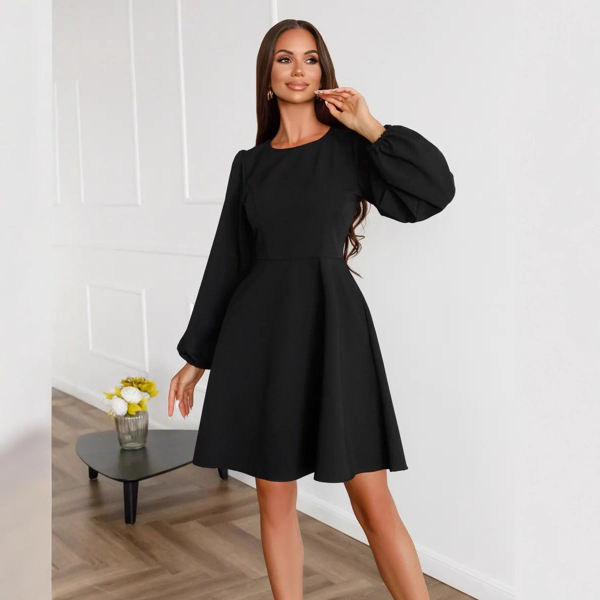 Women's Autumn Round Neck Large Swing Pocket A- Line Bubble Dress