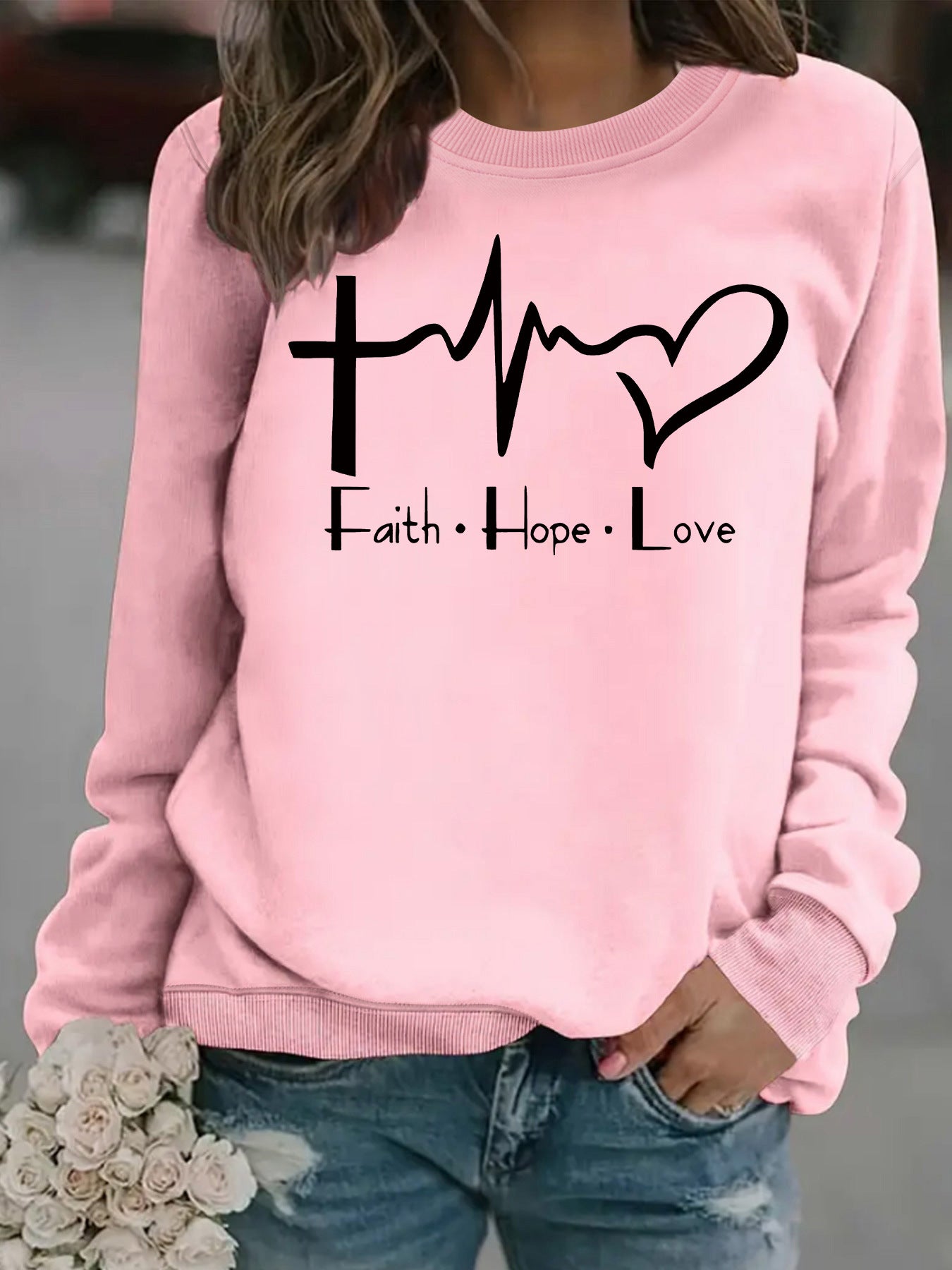 Women's Loose Casual Faith Hope Love Jump Printed Wear Round Neck Women's Sweater, Sweater
