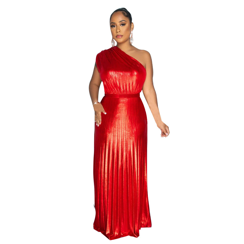 Women's Fashion Diagonal Collar Sleeveless Pleated Dress Dresses