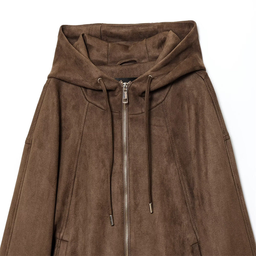 Women's Autumn Hooded Drawstring Zipper Pocket Deerskin Jackets