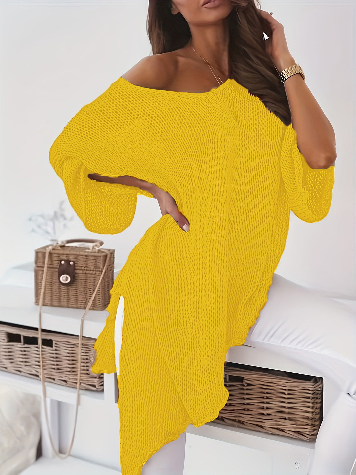 Women's Large Clothes Sexy Loose Pullover Mid-length Sweater