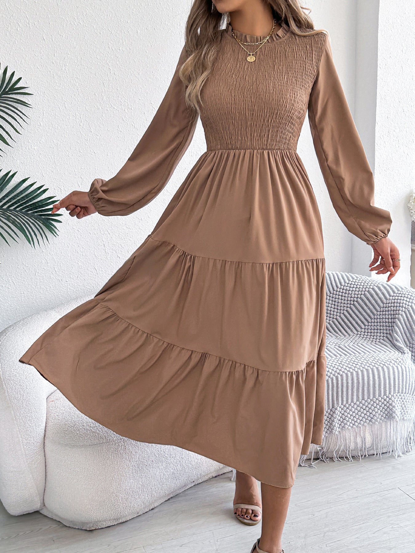 Women's Color Long Sleeve Smocking Slim Fit Dress