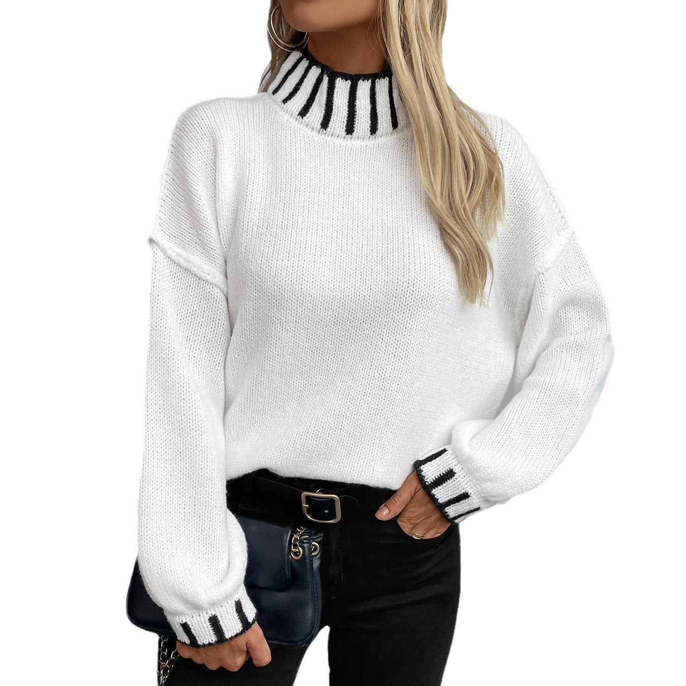 Innovative Women's Striped Pullover Turtleneck Loose Sweater