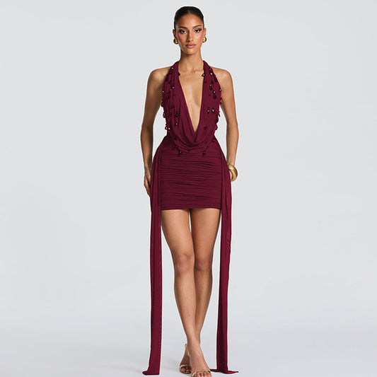 Women's Personalized Water Drop Decoration Sexy Deep Halter Backless Dress