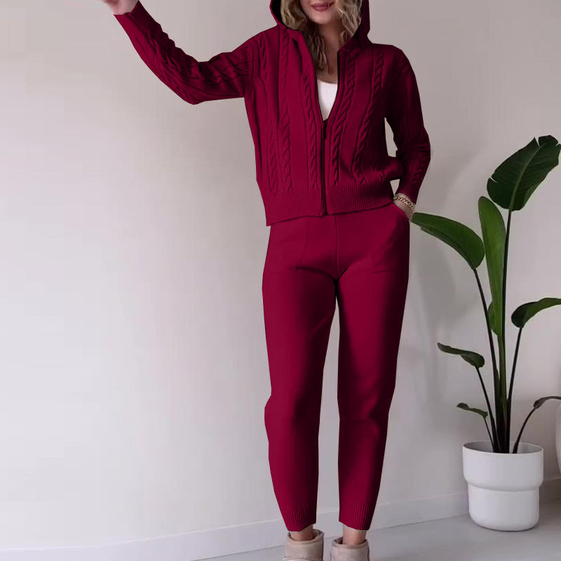 Solid Color Hemp Pattern Hooded Zipper Suits