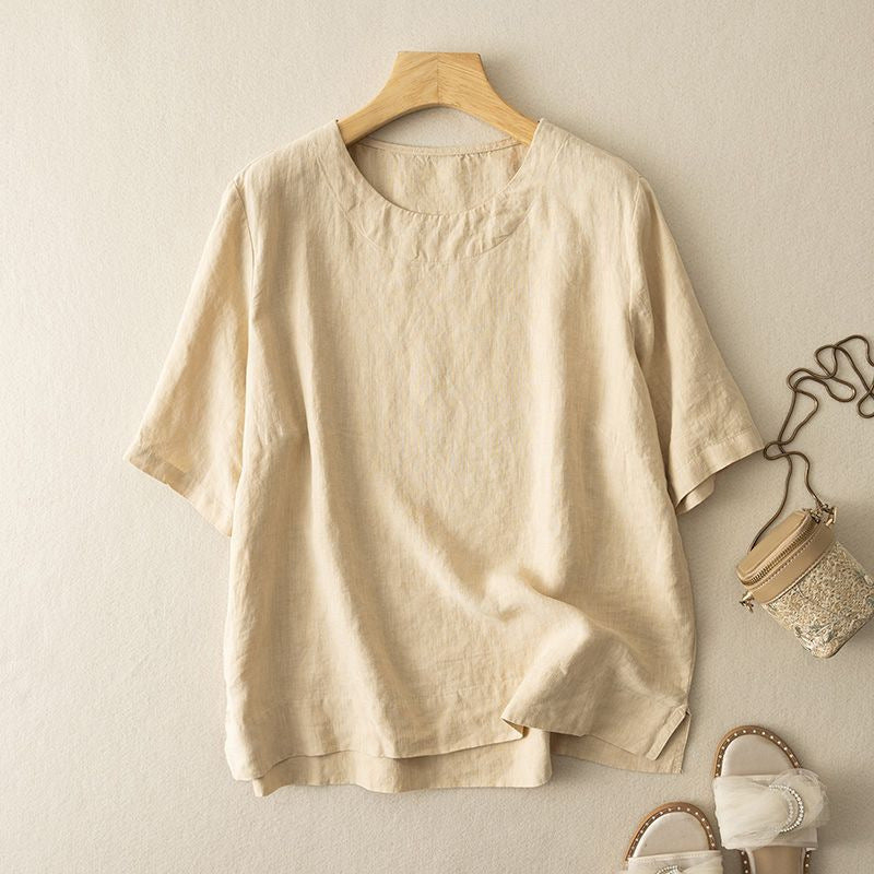 Women's Linen Sleeve T-shirt Artistic Retro Elegant High-grade Summer Loose Blouses