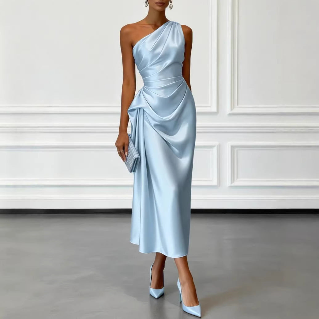Women's Outer High-grade Satin Pleated Waist Tight Shoulder Dress