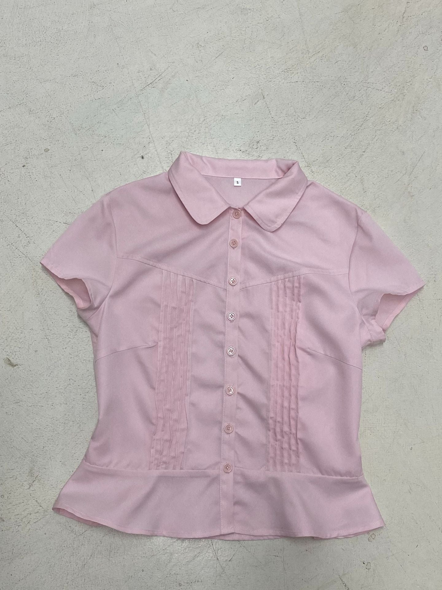 Women's Style Girly Pink Pleat Waisted Shirt Summer Slim Blouses