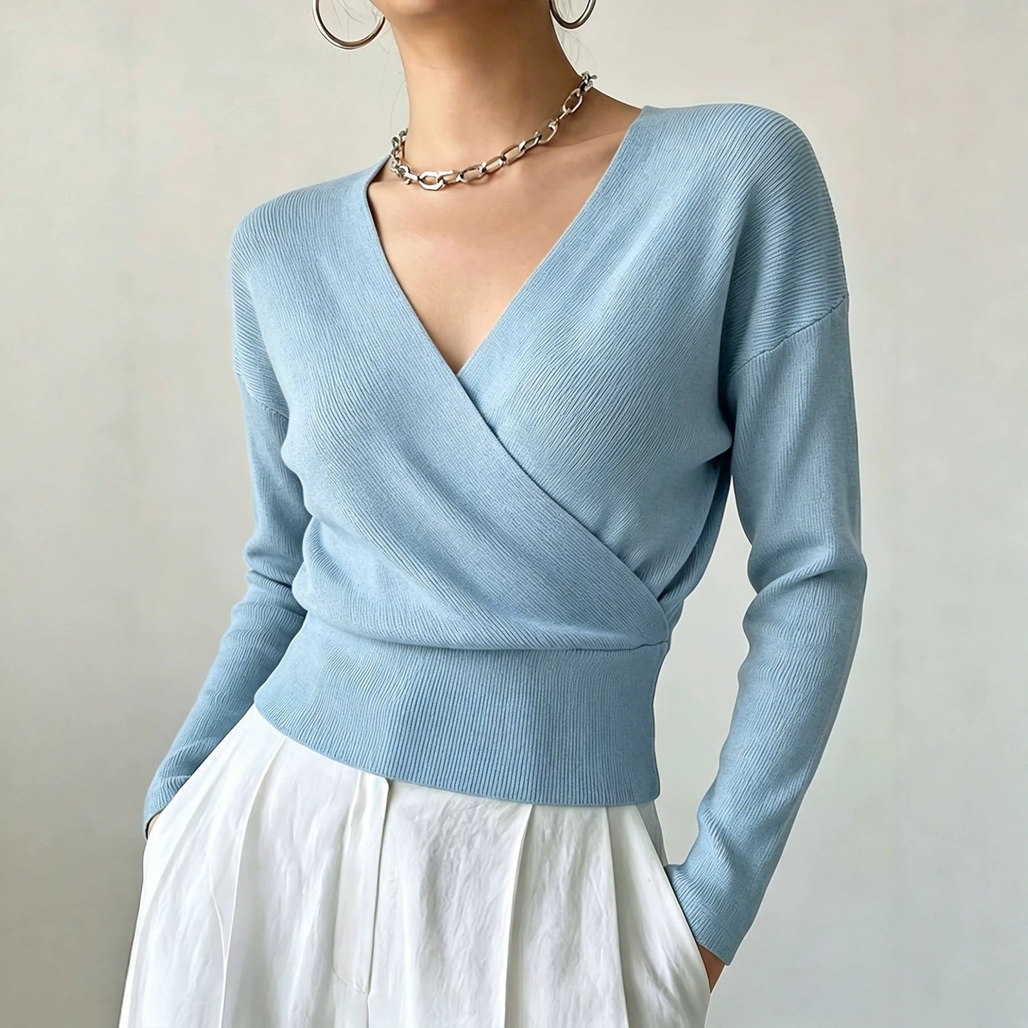 Women's Sleeve Solid Color Fashion Cross Collar Tight Waist Women's Sweater