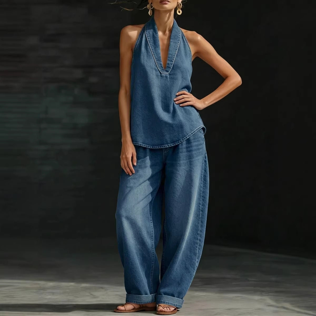 Women's Autumn Lapel Retro Buckle Denim Wide Fashion Casual Suit
