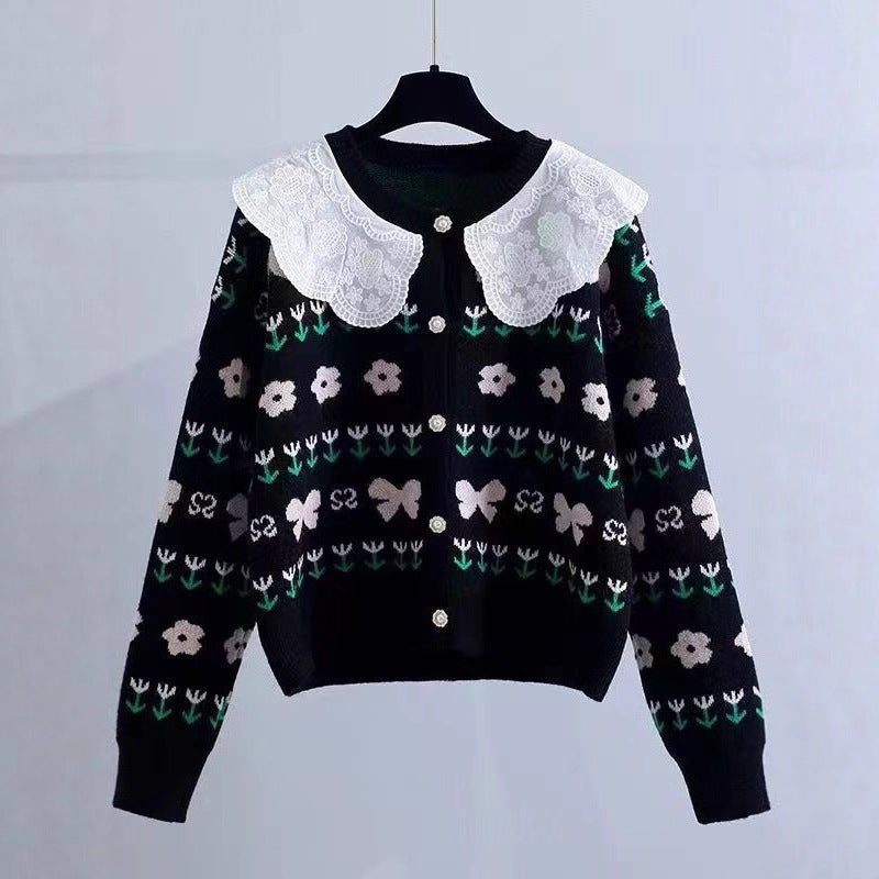 Women's Korean Patchwork Lace Peter Pan Collar Younger Fashion Loose Sweater