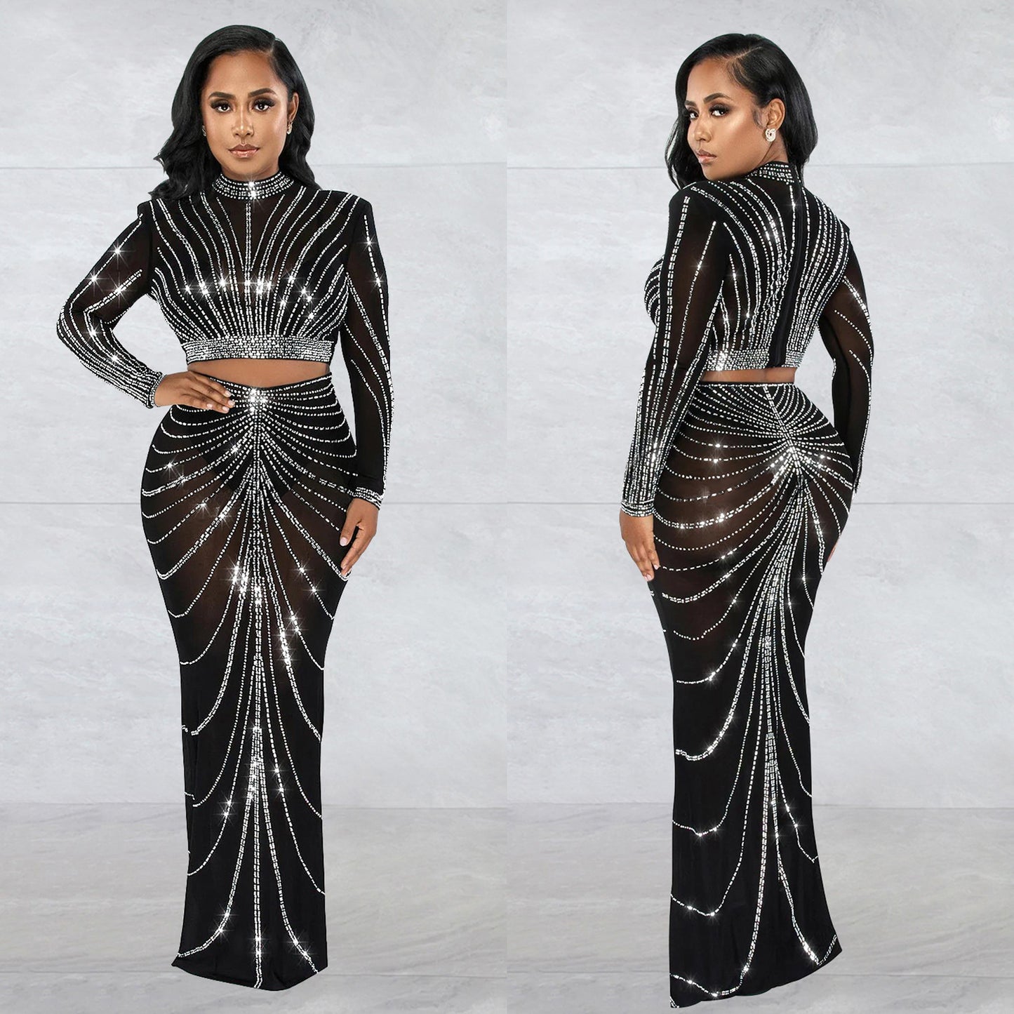 Women's Wear Mesh Hot Drilling Long Sleeve Suits