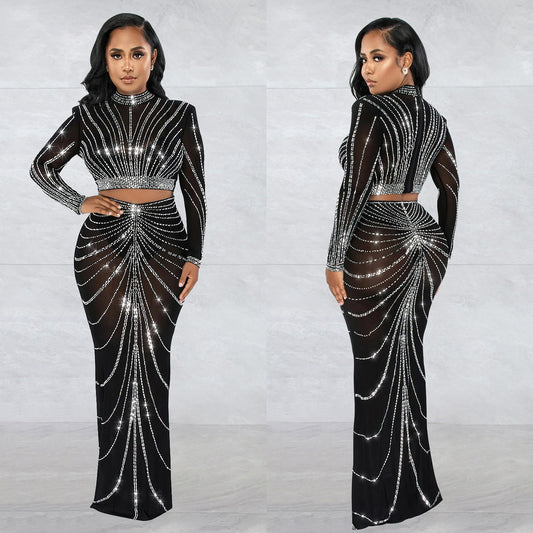 Women's Wear Mesh Hot Drilling Long Sleeve Suits
