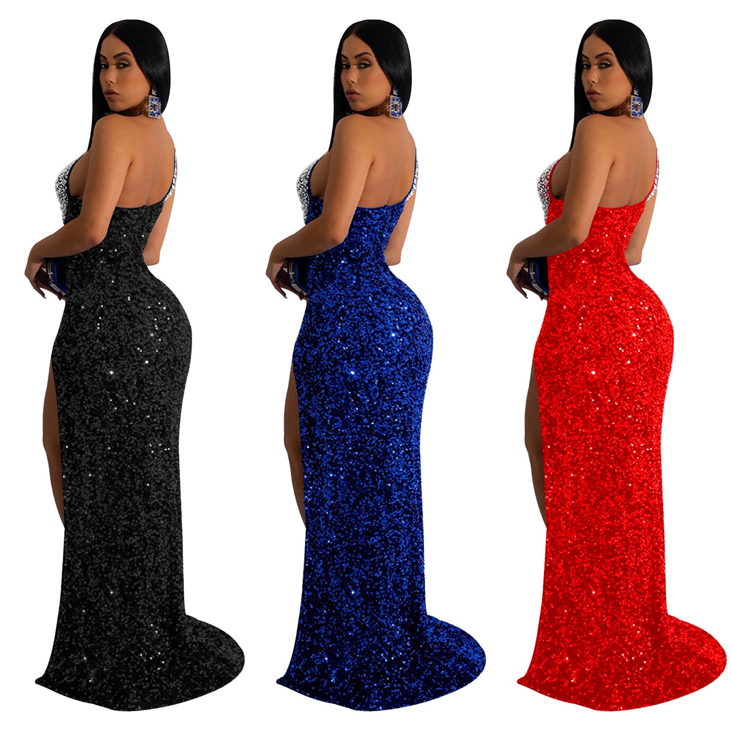 Women's Fashion Wear Solid Color Rhinestone Sequined Dresses