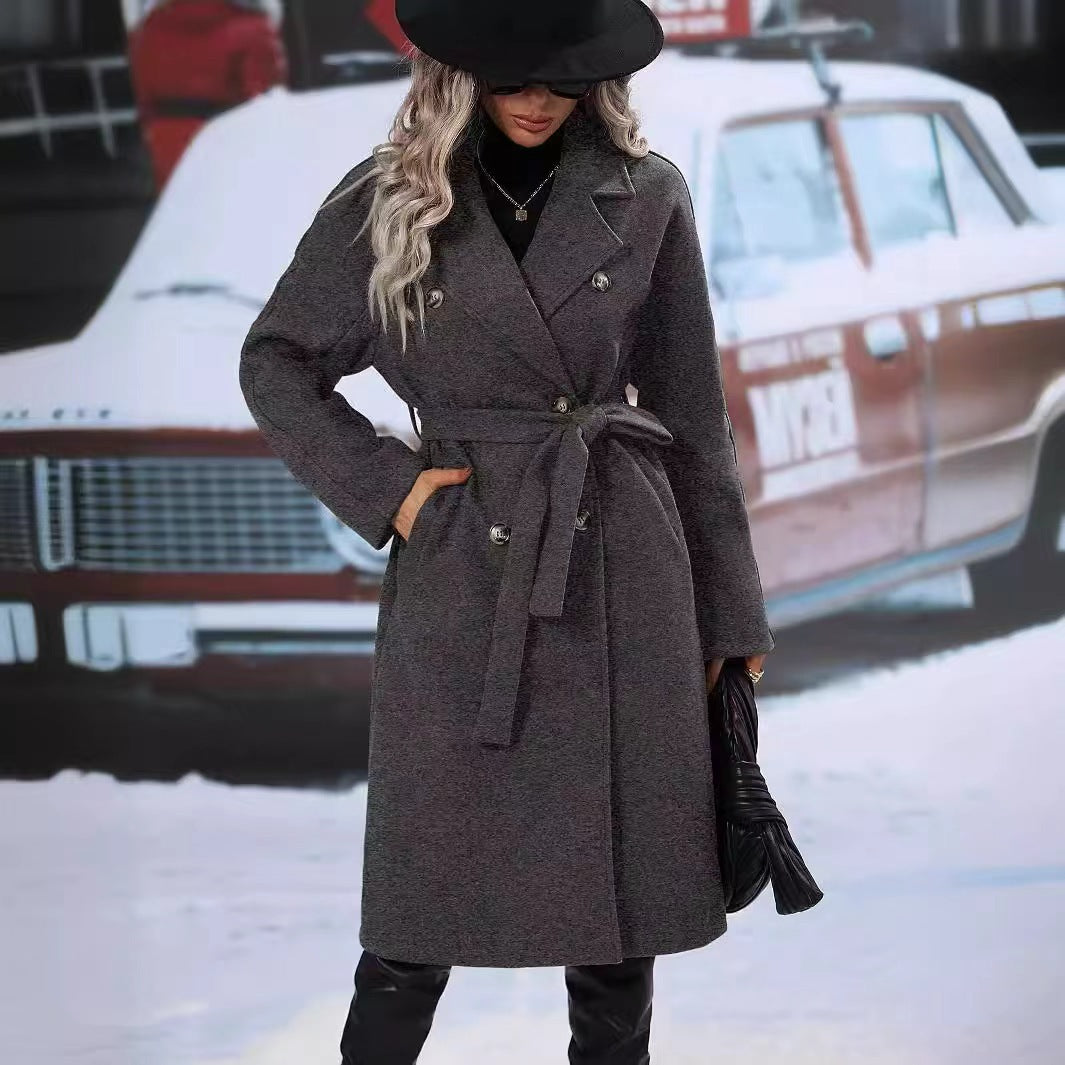 Polo Collar Thick Woolen Lace Up Coats