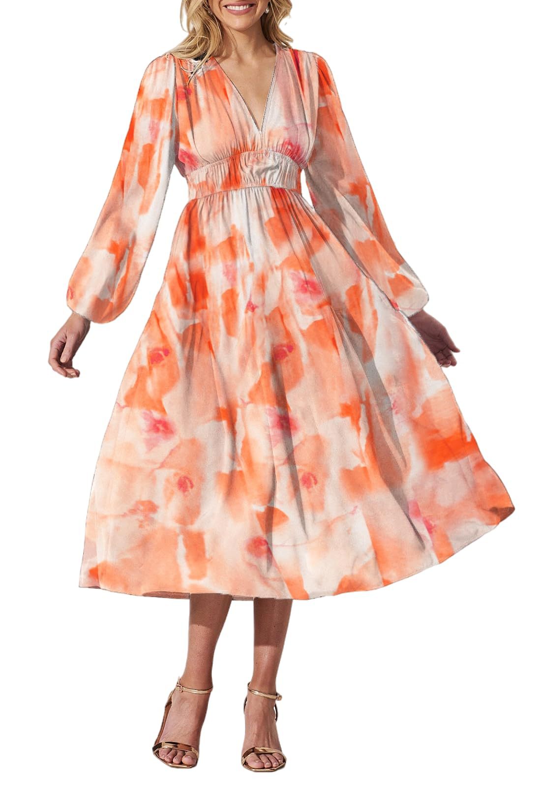 Women's Style Deep V Printed High Waist Casual Long Dresses