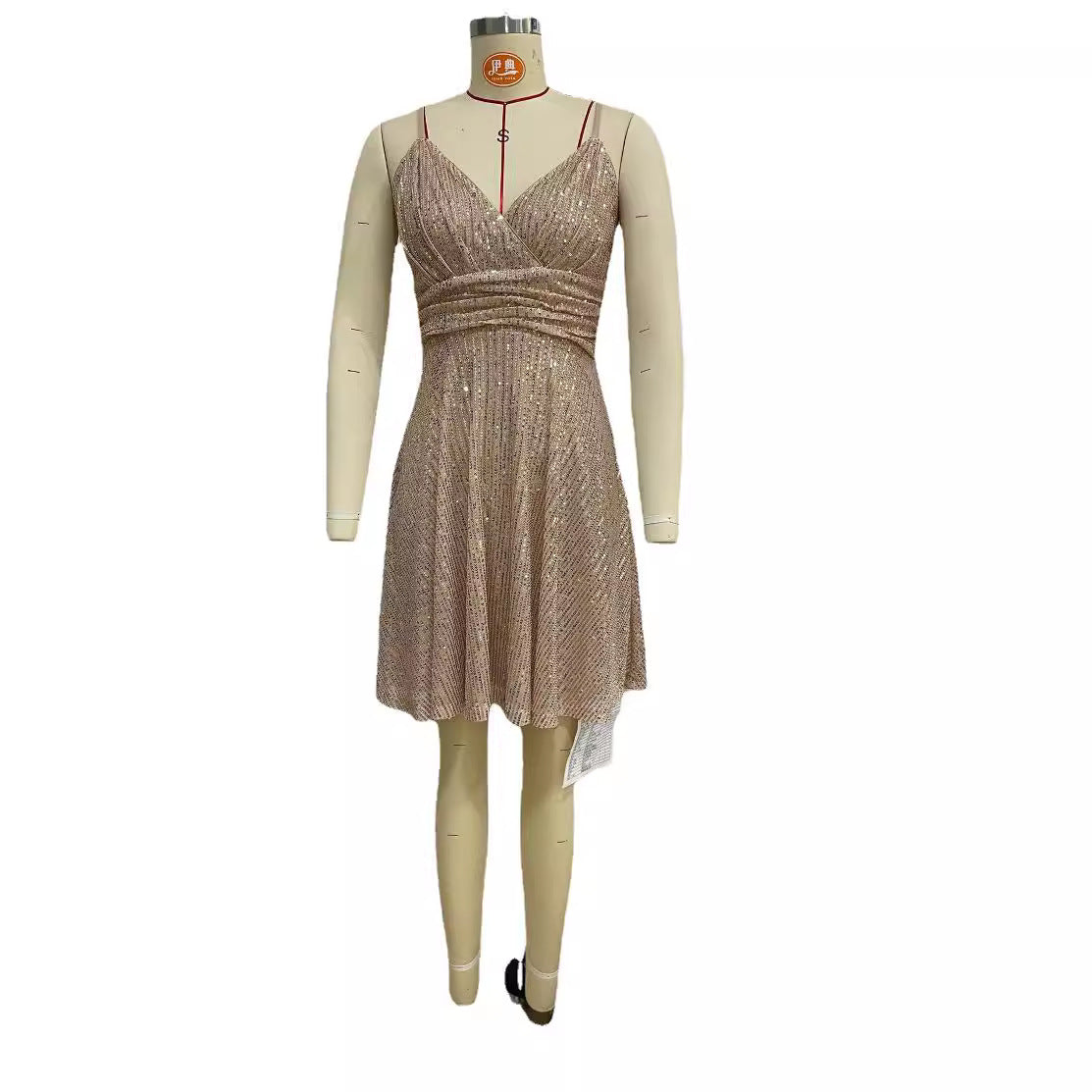 Women's Gorgeous Sequined Dress Pleated Cross Strap Dresses