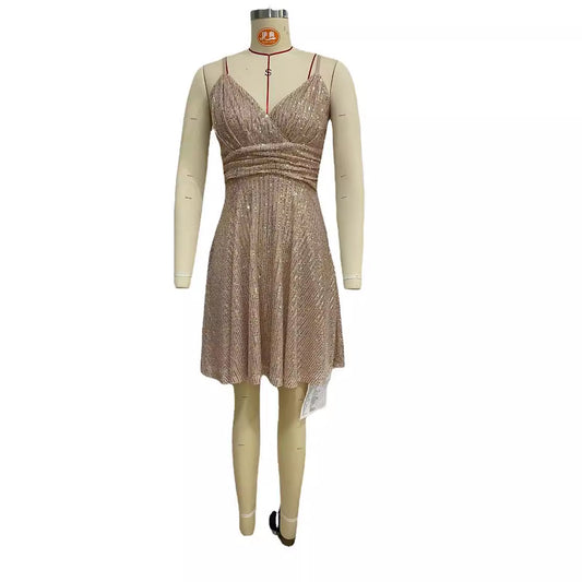 Women's Gorgeous Sequined Dress Pleated Cross Strap Dresses