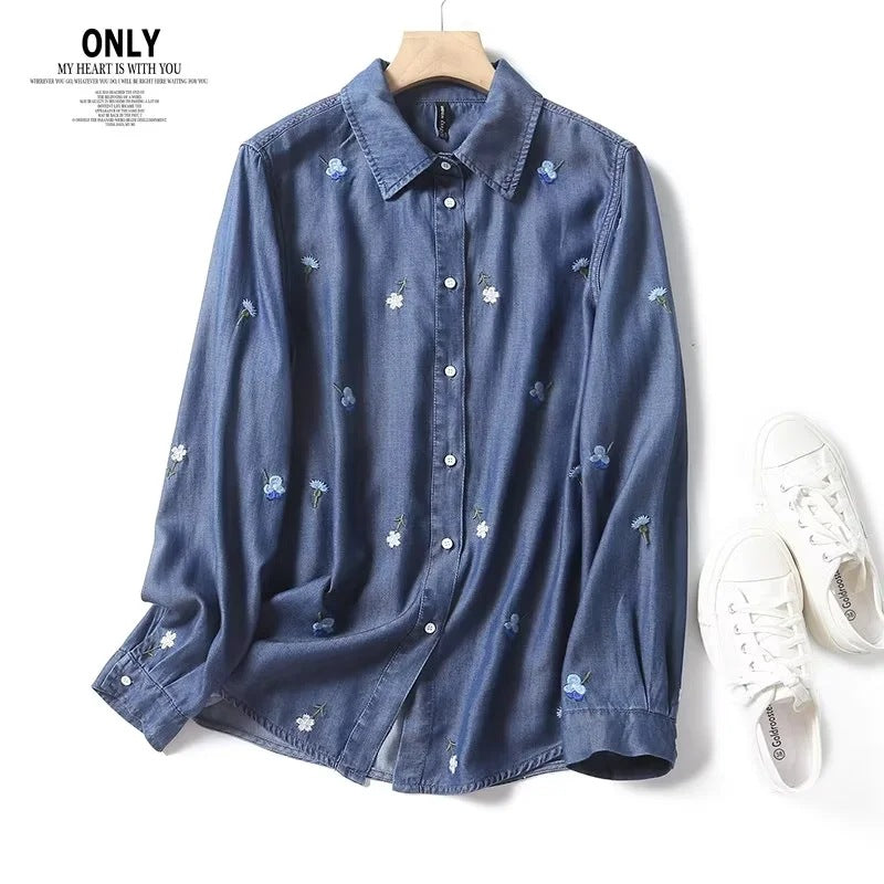 Women's Lapels Single-breasted Flower Embroidered Long Sleeve Blouses