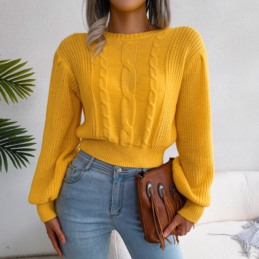 Women's Wind Casual Twist Lantern Sleeve Waist Trimming Sweater