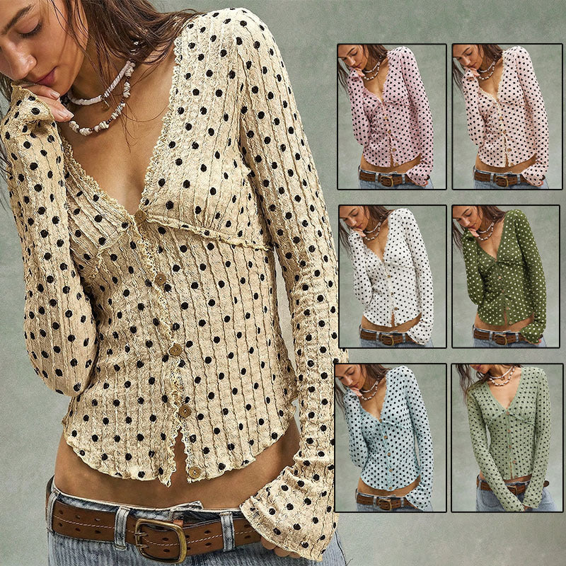 Style Polka Dot Long Sleeve Knitted Ruffled Lace Women's Sweater