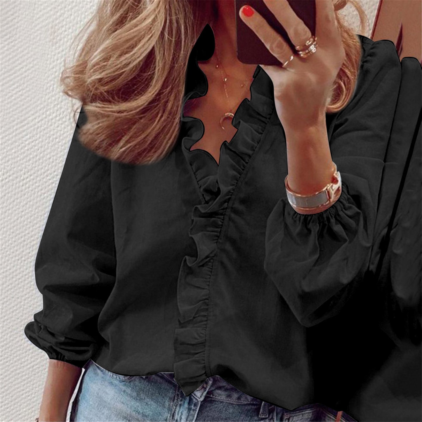 Women's Long Sleeve Pure Color Ruffles Shirt Blouses