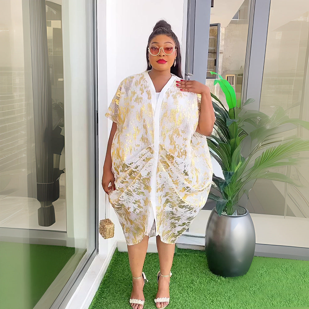 Women's Soft Grid Bronzing Dress Two-piece Sling Plus Size