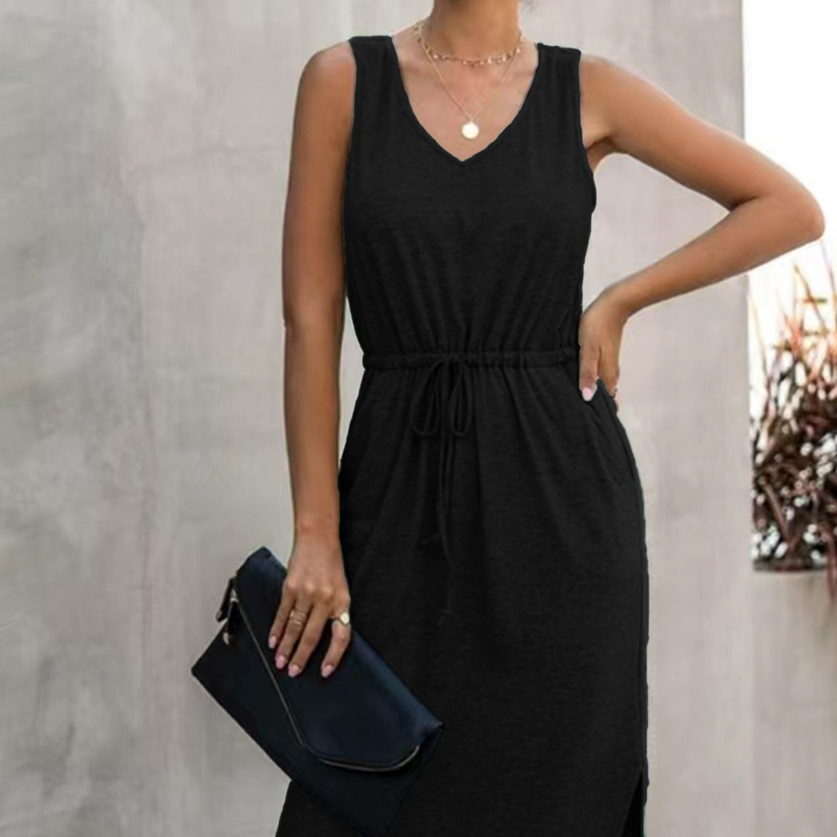Women's Solid Color Irregular Cinched Round Neck Dress