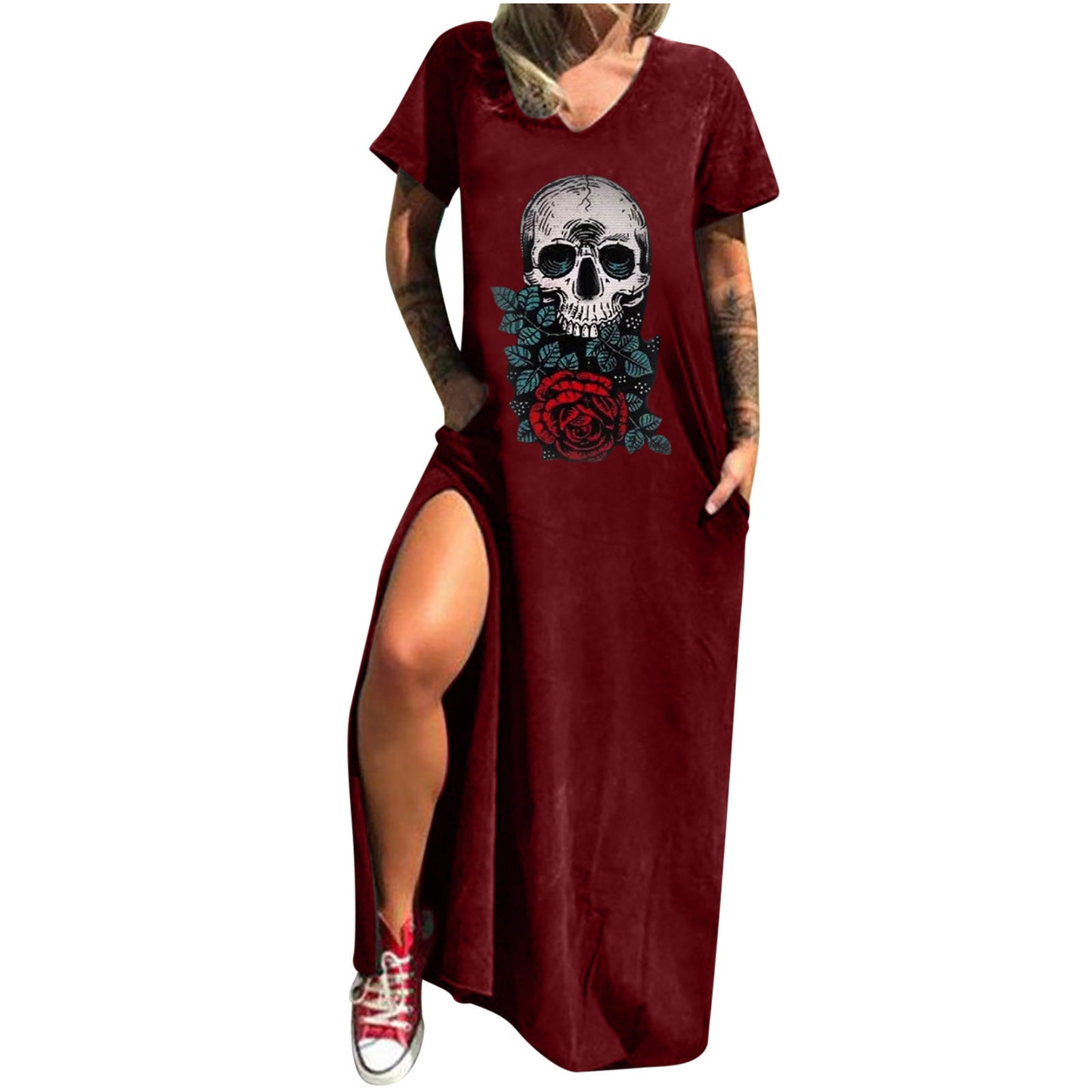Skull Print Street Fashion Sleeve Slit Shorts