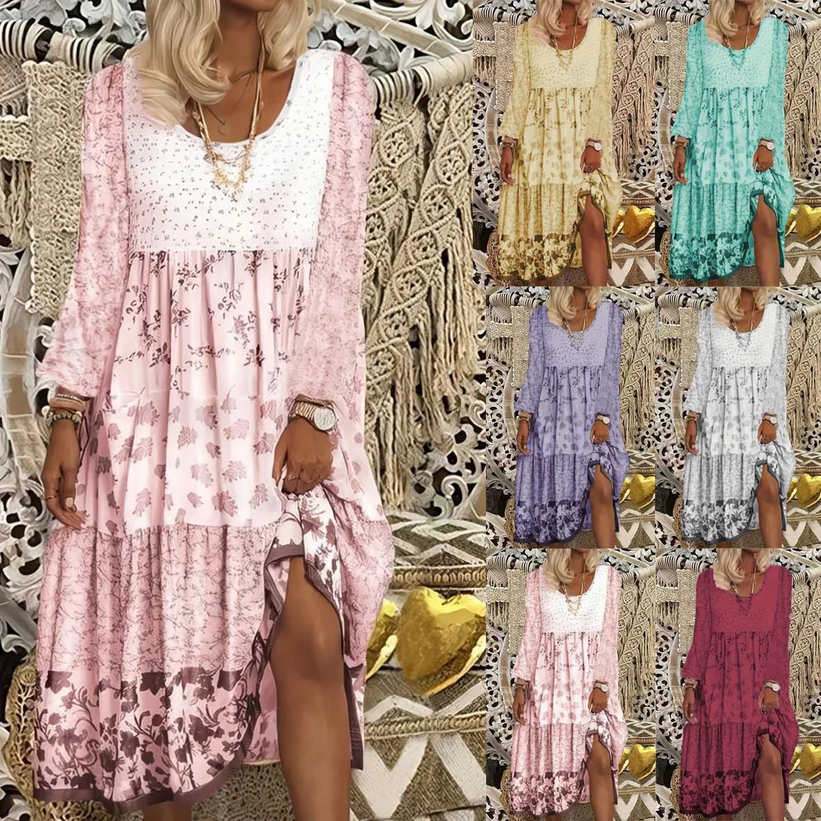 Casual Women's Long-sleeved Printed Round Neck Dress