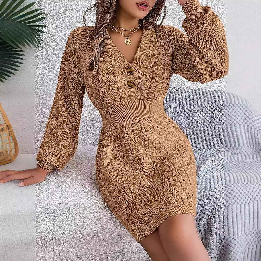 Women's Clearance Button Twist Lantern Sleeve Package Dress