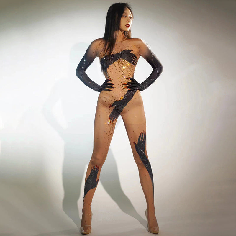 Sexy Full Diamond Long-sleeved One-piece Trousers Jumpsuits