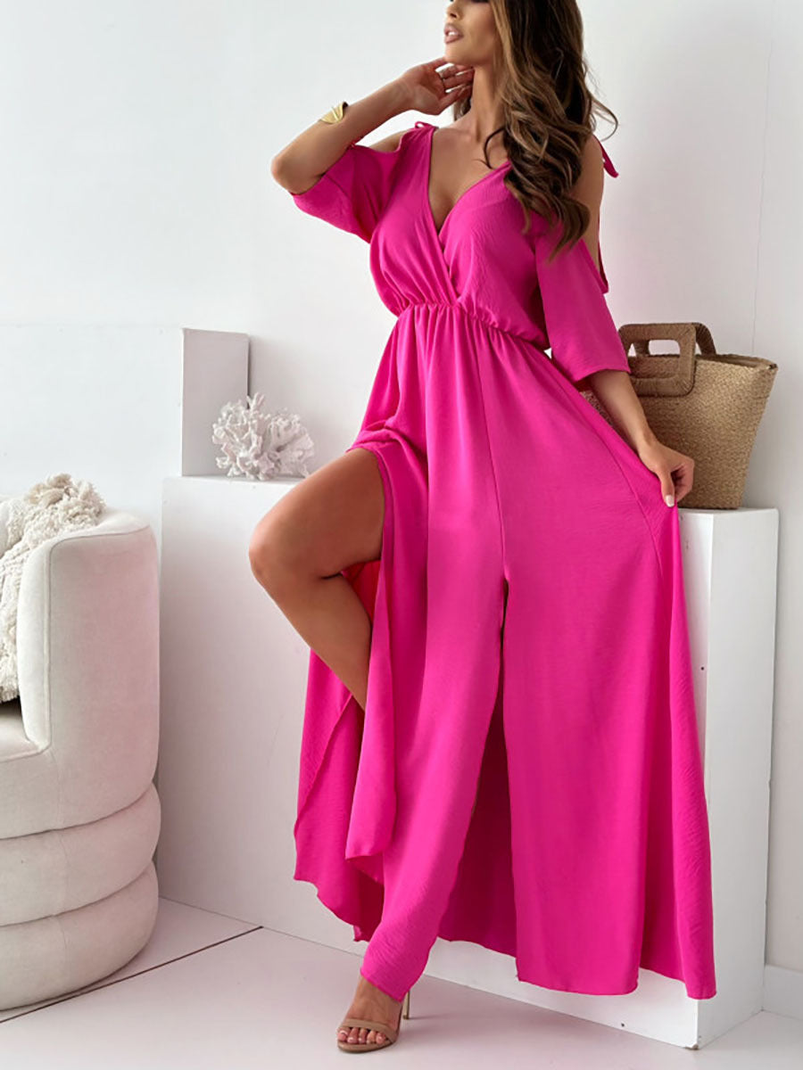 Collar Slit Hemline Sleeves Sexy Strap Dress