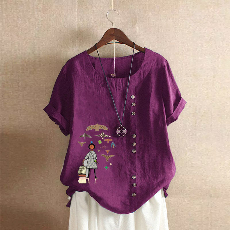 Women's Retro Cotton Linen Printed Casual Shirt Blouses