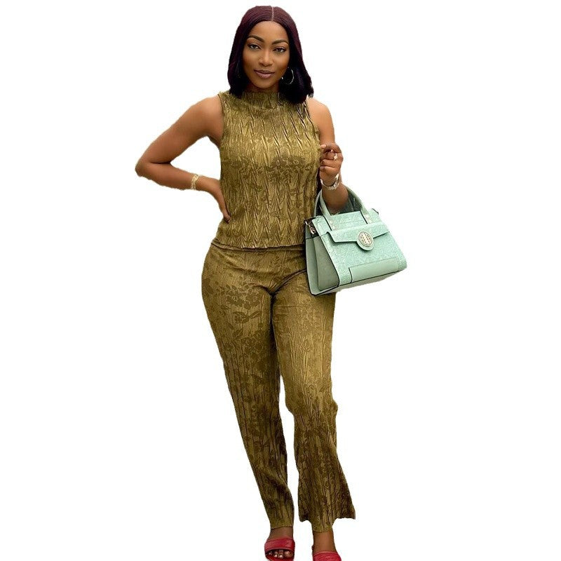 Women's African Wear Summer Niche Sleeveless Embossed Trousers Advanced Two-piece Suits