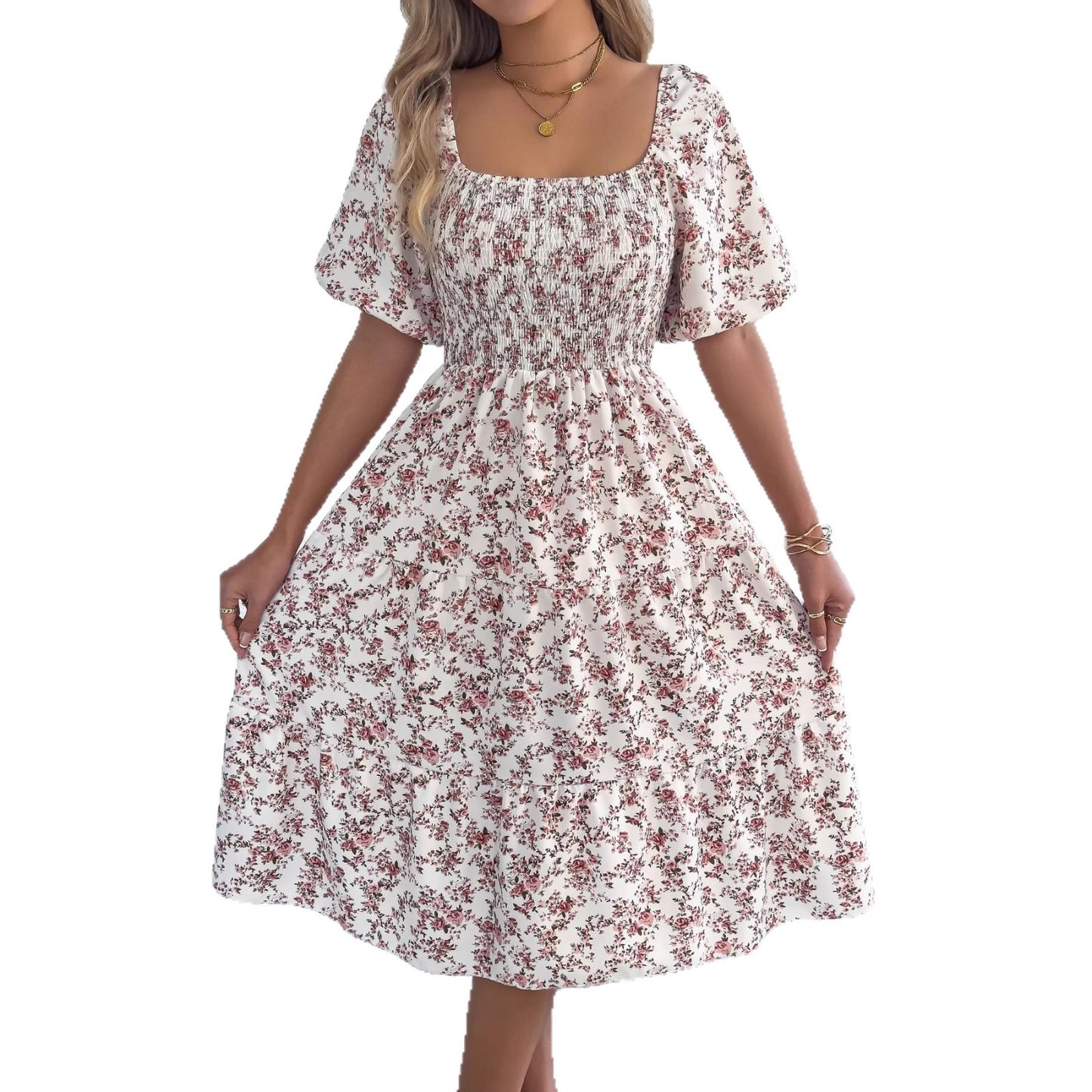 Women's Sweet Floral Sleeve Smocking Slim Fit Dress