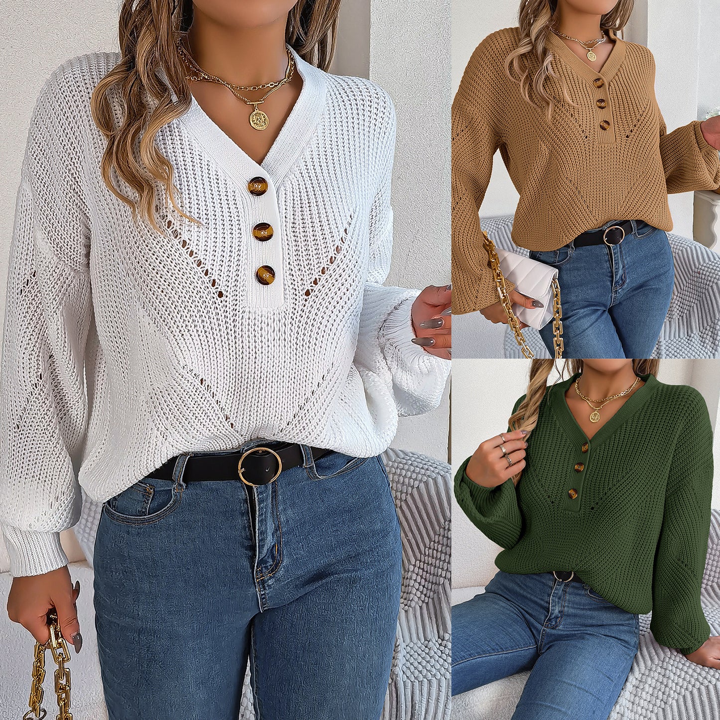 Women's Hollow Out Button Lantern Sleeve Pullover Sweater