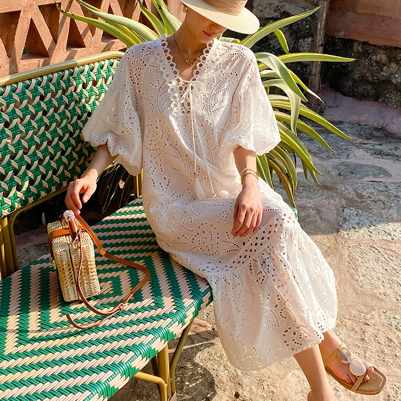 Women's French Embroidery Holiday Dress Puff Sleeve Dresses