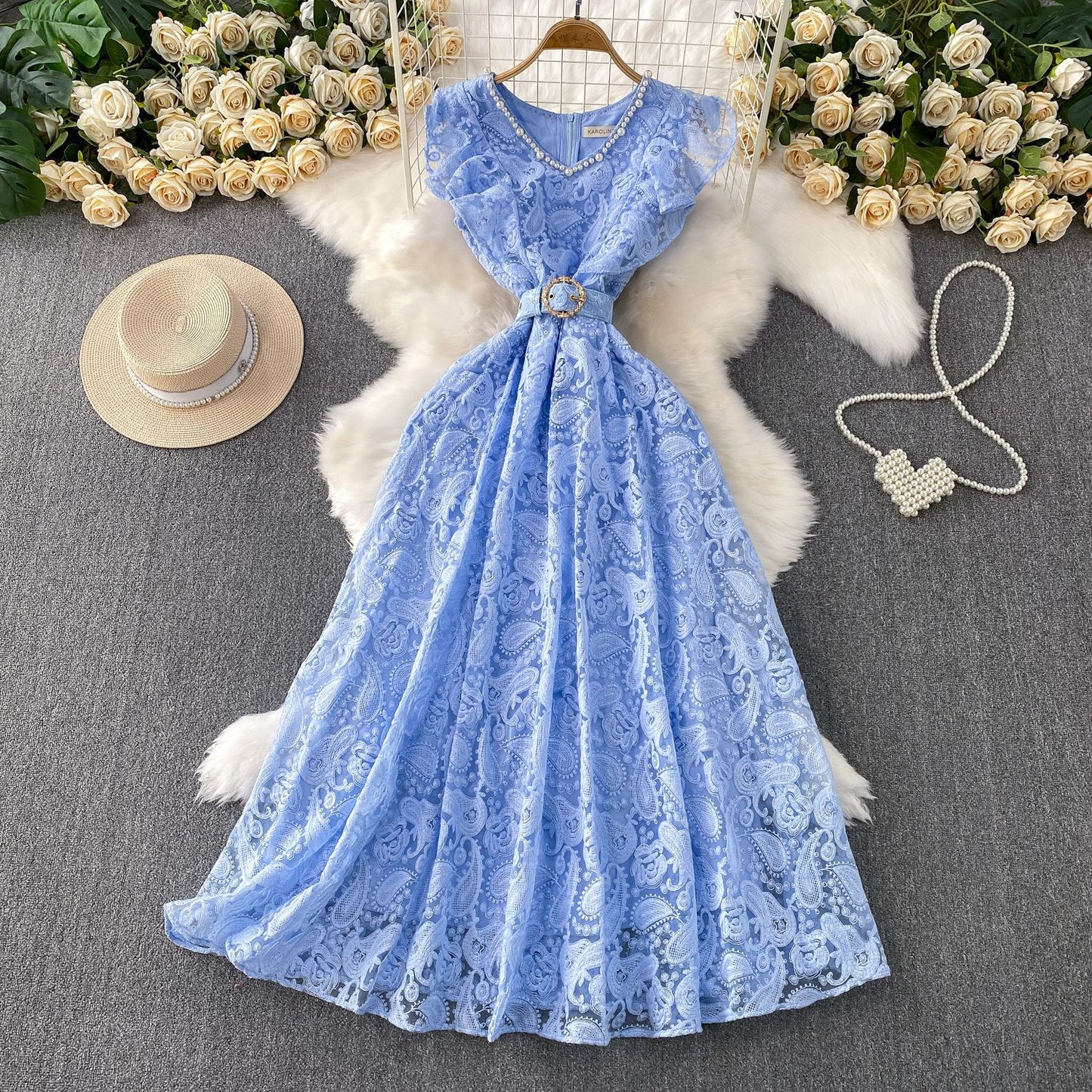 Women's Flying Sleeve Dress Mesh Embroidered Waist Dresses