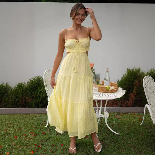Women's Summer Temperament Camisole Sexy Cutout Long Backless Dress