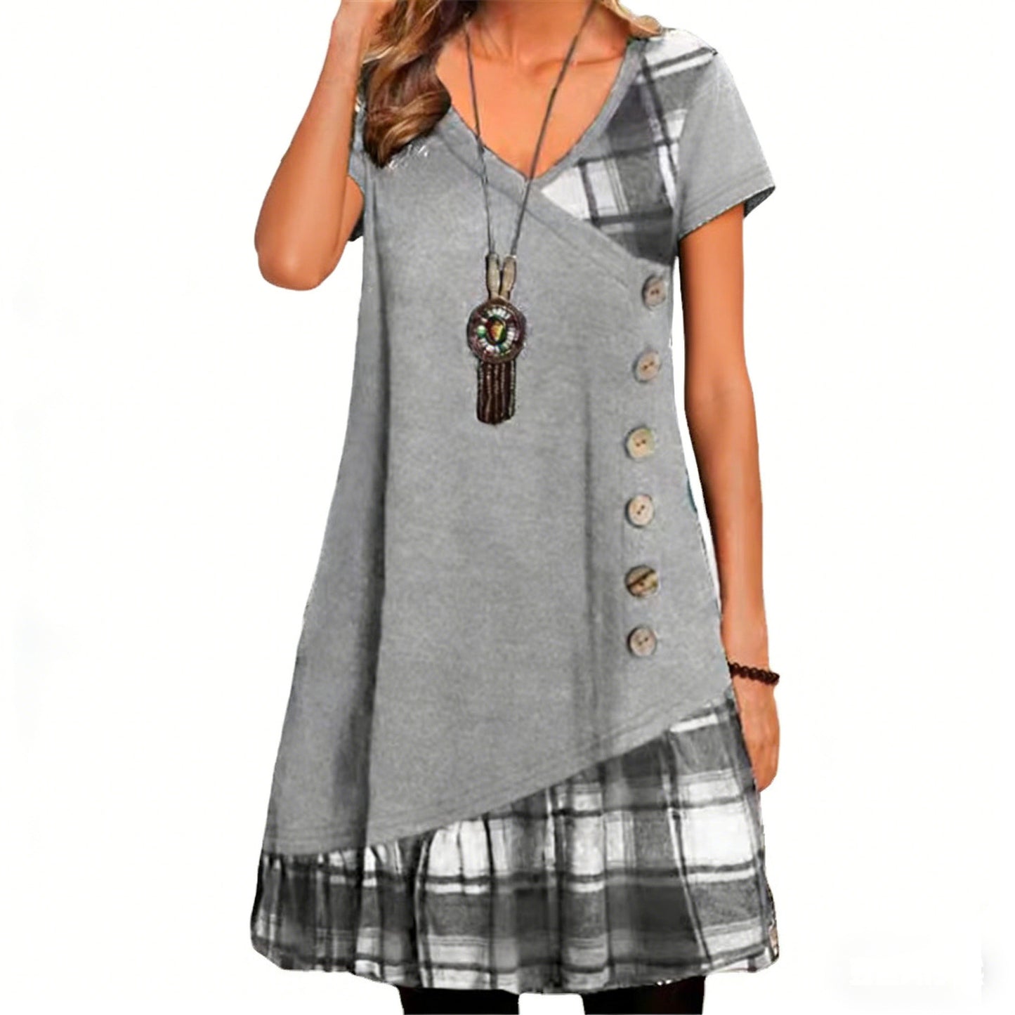 Women's Fashion Casual Patchwork Button Sleeve Dress