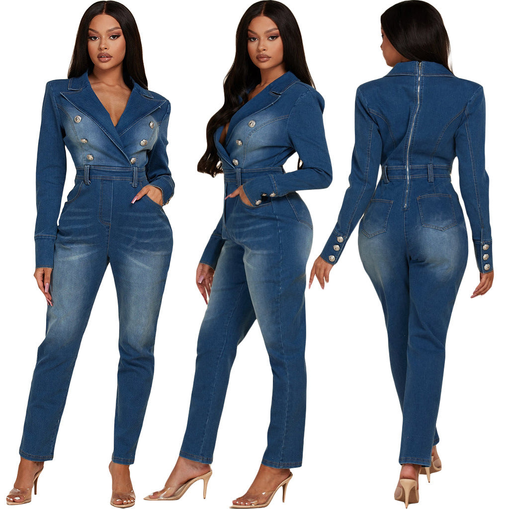 Women's Sexy Collar Double Row Button Denim Suits