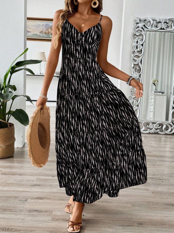 Women's Vacation Style Suspender Irregular Striped Design Dress