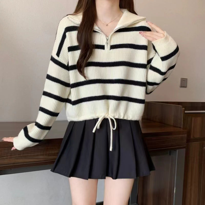 Women's Loose Half Zipper Lapel Striped Outer Wear Shorts
