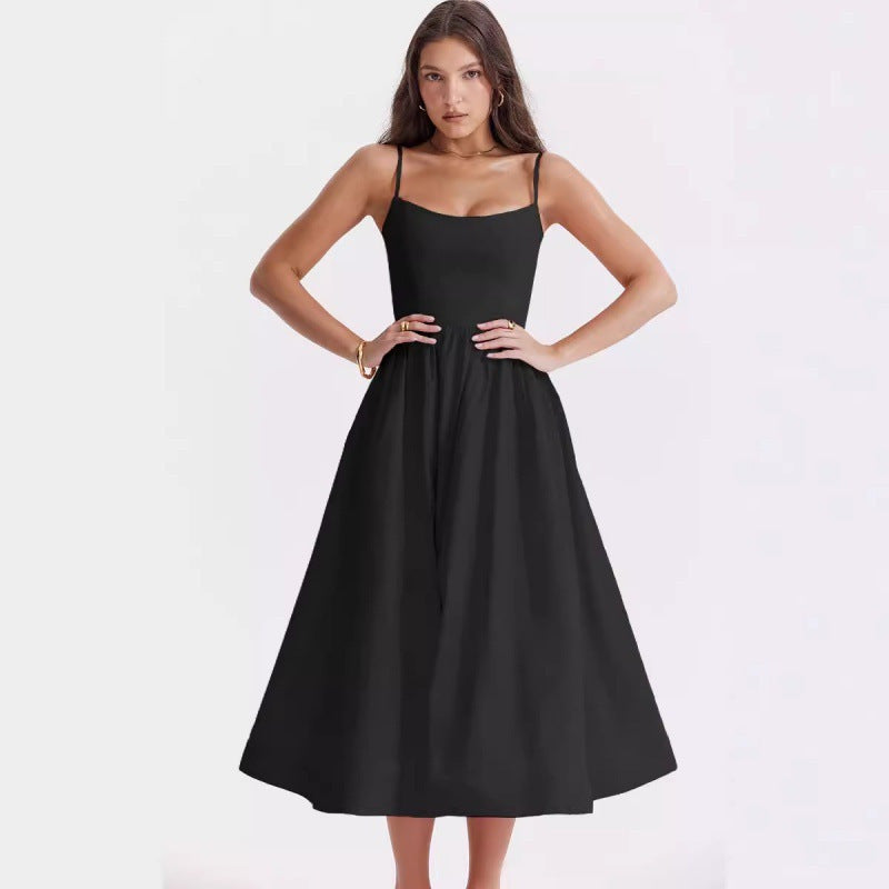 Women's Color Sexy Backless Spaghetti Straps Large Dress