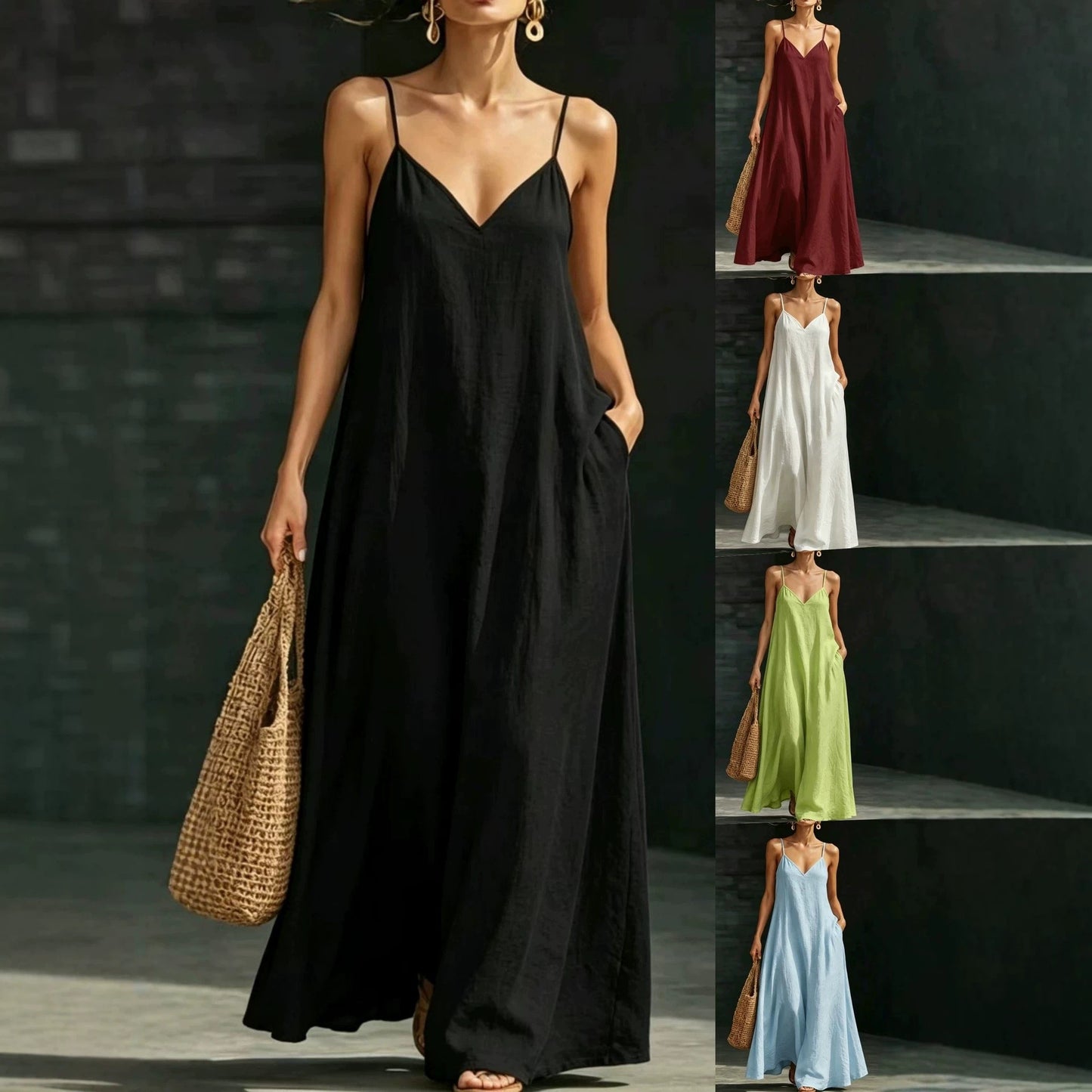 Women's Summer Strap Long Casual Fashion Large Swing Solid Color Dress