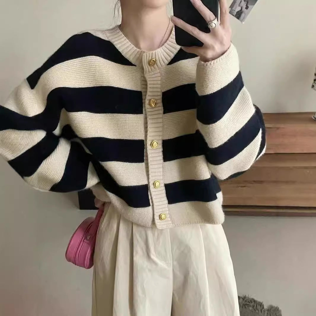 Women's Neck Striped Contrast Color Spring Loose Design Women's Sweater