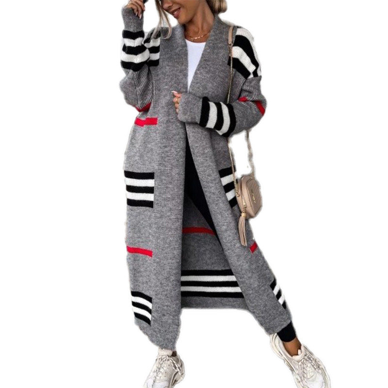 Women's Long Striped Oversized Loose Contrast Color Cardigans