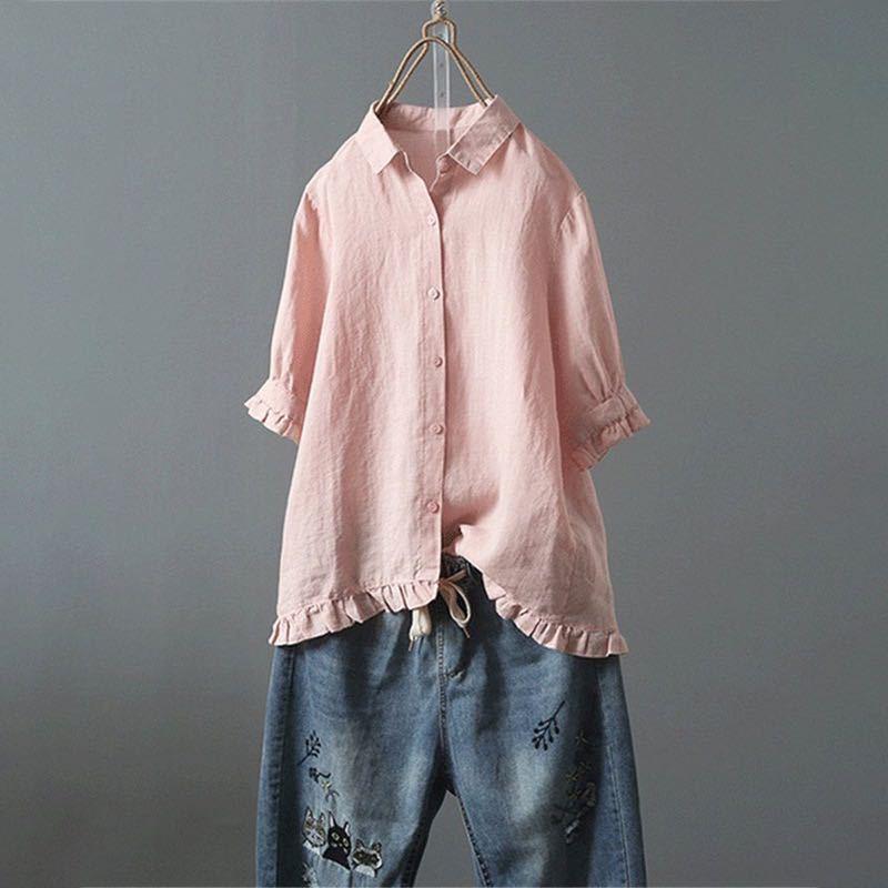 Women's Cotton Linen Casual Single-breasted Ruffled Sleeves Blouses