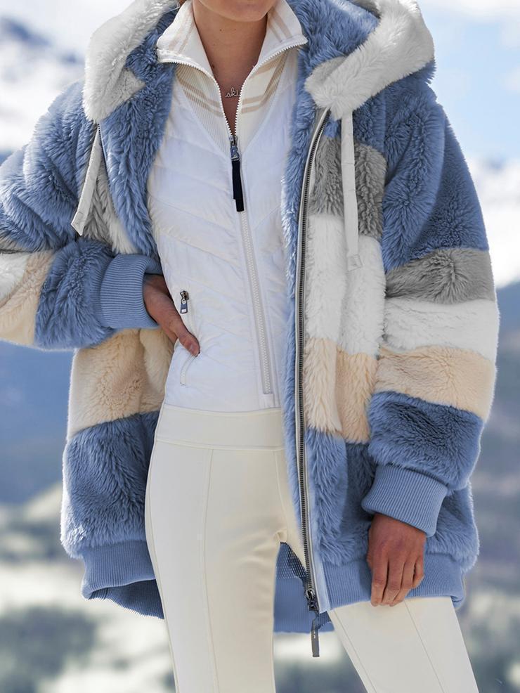 Women's Warm Plush Patchwork Zipper Pocket Hooded Coats